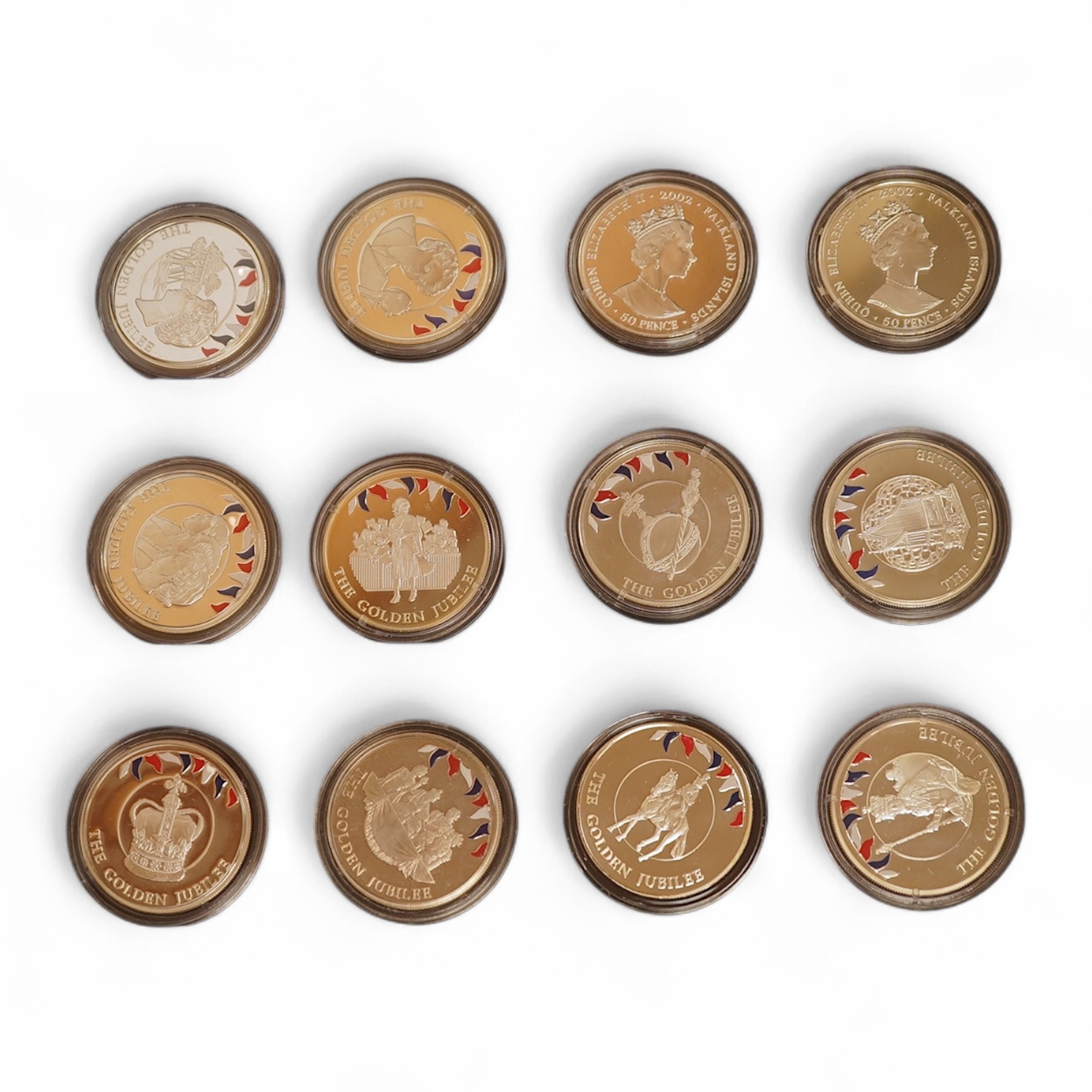 Yorkshire Mint 'Royal Arms Collection' of 12 enamelled silver armorial shields, cased and Westminster Mint 12 QEII Falkland Islands Golden Jubilee proof silver coins, cased (2 cases)
